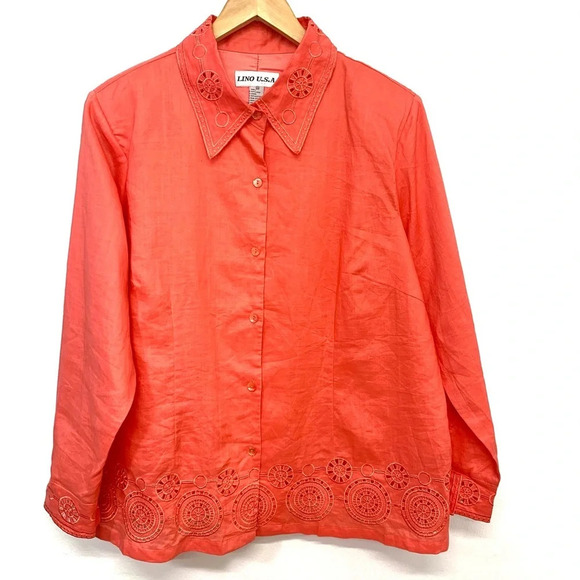 Womans Linen Blouse 2X  Long Sleeve Lined Cut Out Detail Button Up Classic - Picture 1 of 13